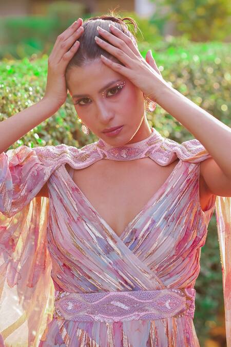 Akanksha Mago Multi Color Georgette Sequins, Metallic Thread V-neck Abstract Print Draped Gown Online at Aza Fashions Akanksha Mago_Multi Color Georgette Sequins, Metallic Thread V-neck Abstract Print Draped Gown _Online_at_Aza_Fashions