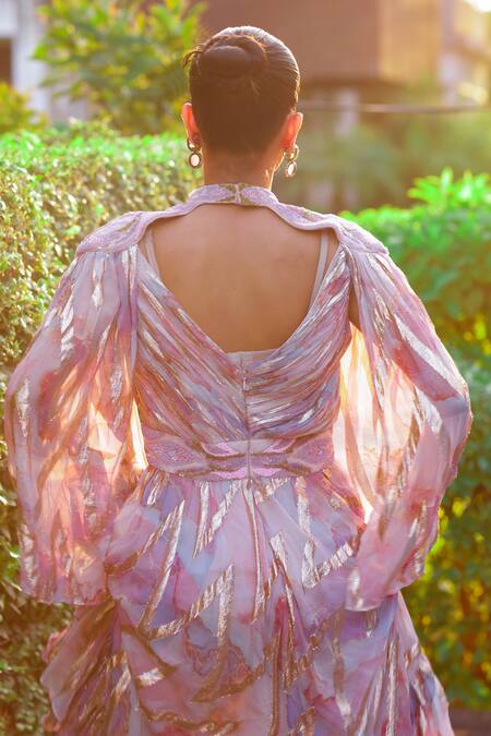 Buy Akanksha Mago Multi Color Georgette Sequins, Metallic Thread V-neck Abstract Print Draped Gown Online at Aza Fashions Buy_Akanksha Mago_Multi Color Georgette Sequins, Metallic Thread V-neck Abstract Print Draped Gown _Online_at_Aza_Fashions