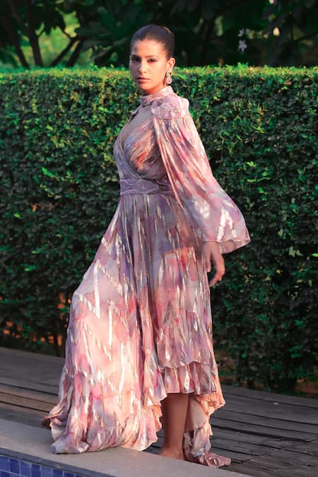 Shop Akanksha Mago Multi Color Georgette Sequins, Metallic Thread V-neck Abstract Print Draped Gown Online at Aza Fashions Shop_Akanksha Mago_Multi Color Georgette Sequins, Metallic Thread V-neck Abstract Print Draped Gown _Online_at_Aza_Fashions