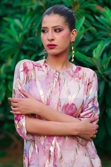 Akanksha Mago Multi Color Georgette, Cotton Zari Round Abstract Print Long Shirt With Pant at Aza Fashions Akanksha Mago_Multi Color Georgette, Cotton Zari Round Abstract Print Long Shirt With Pant _at_Aza_Fashions