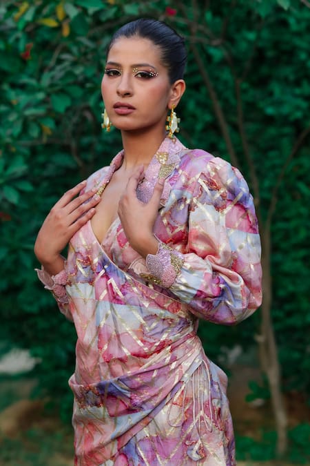 Shop Akanksha Mago Multi Color Chanderi Silk Embroidery Wrap Top With Pant at Aza Fashions Shop_Akanksha Mago_Multi Color Chanderi Silk Embroidery Wrap Top With Pant _at_Aza_Fashions