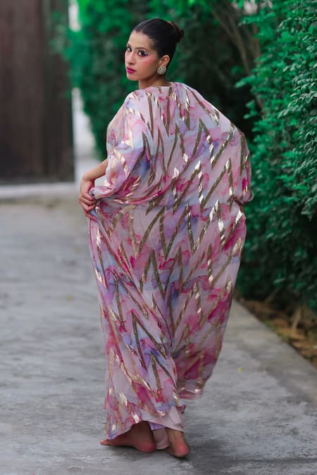 Shop_Akanksha Mago_Multi Color Georgette V-neck Abstract Print Kaftan _at_Aza_Fashions