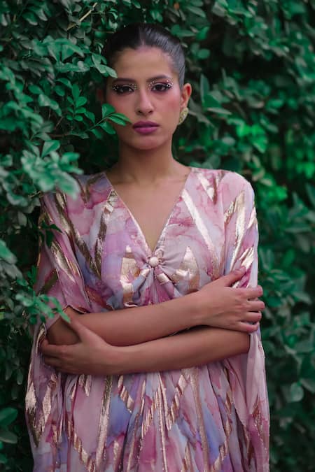 Buy_Akanksha Mago_Multi Color Georgette V-neck Abstract Print Kaftan _Online_at_Aza_Fashions