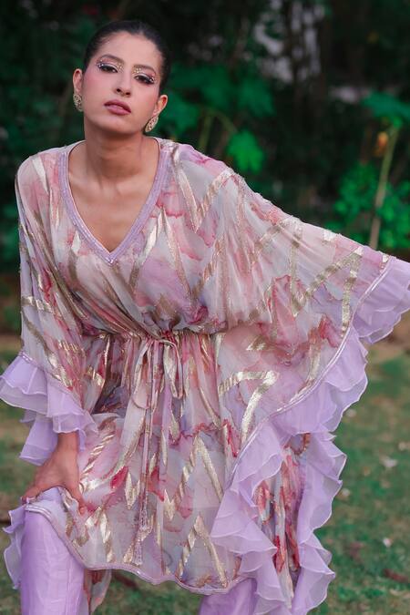 Akanksha Mago Multi Color Organza, Georgette V-neck Abstract Print Kaftan With Pant Online at Aza Fashions Akanksha Mago_Multi Color Organza, Georgette V-neck Abstract Print Kaftan With Pant _Online_at_Aza_Fashions