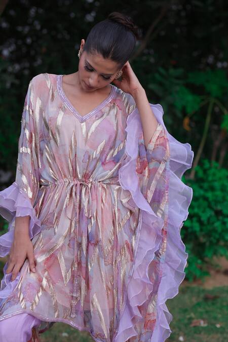 Buy Akanksha Mago Multi Color Organza, Georgette V-neck Abstract Print Kaftan With Pant Online at Aza Fashions Buy_Akanksha Mago_Multi Color Organza, Georgette V-neck Abstract Print Kaftan With Pant _Online_at_Aza_Fashions