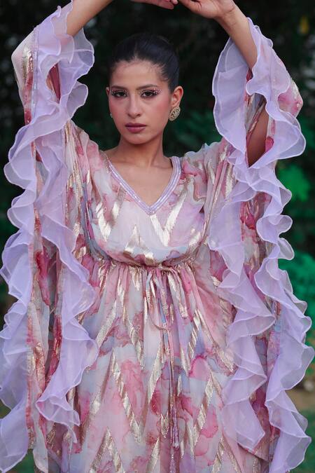 Shop Akanksha Mago Multi Color Organza, Georgette V-neck Abstract Print Kaftan With Pant Online at Aza Fashions Shop_Akanksha Mago_Multi Color Organza, Georgette V-neck Abstract Print Kaftan With Pant _Online_at_Aza_Fashions