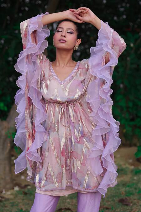 Akanksha Mago Multi Color Organza, Georgette V-neck Abstract Print Kaftan With Pant at Aza Fashions Akanksha Mago_Multi Color Organza, Georgette V-neck Abstract Print Kaftan With Pant _at_Aza_Fashions