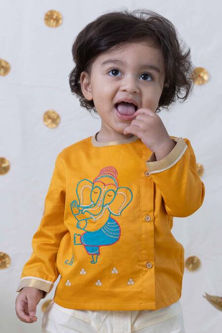 Buy_Tiber Taber_Yellow Cotton Lace, Embroidery Ganesha Kurta And Dhoti Pant Set _Online_at_Aza_Fashions