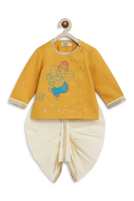 Shop_Tiber Taber_Yellow Cotton Lace, Embroidery Ganesha Kurta And Dhoti Pant Set _Online_at_Aza_Fashions