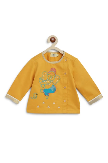 Tiber Taber_Yellow Cotton Lace, Embroidery Ganesha Kurta And Dhoti Pant Set _at_Aza_Fashions