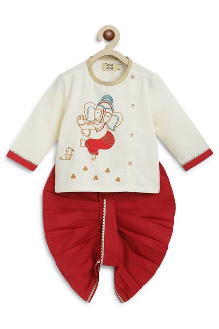 Shop_Tiber Taber_Cream Cotton Lace Ganesha Thread Embroidered Kurta Set _Online_at_Aza_Fashions