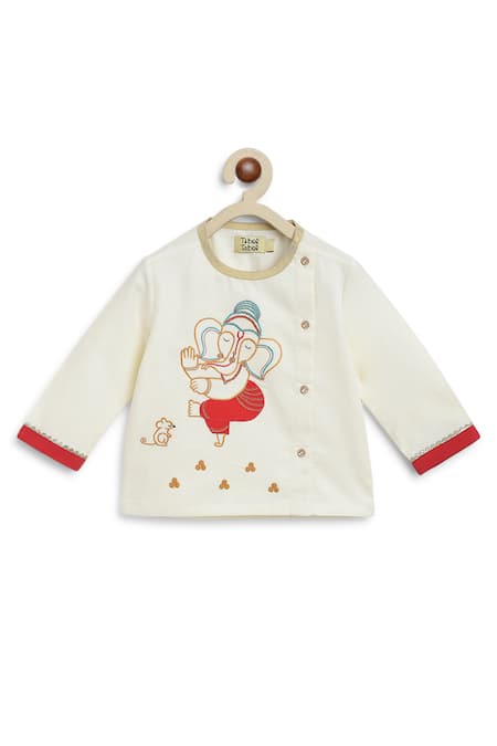 Tiber Taber_Cream Cotton Lace Ganesha Thread Embroidered Kurta Set _at_Aza_Fashions