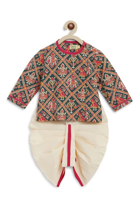 Shop_Tiber Taber_Green Cotton Lace Patola Print Kurta And Dhoti Pant Set _Online_at_Aza_Fashions