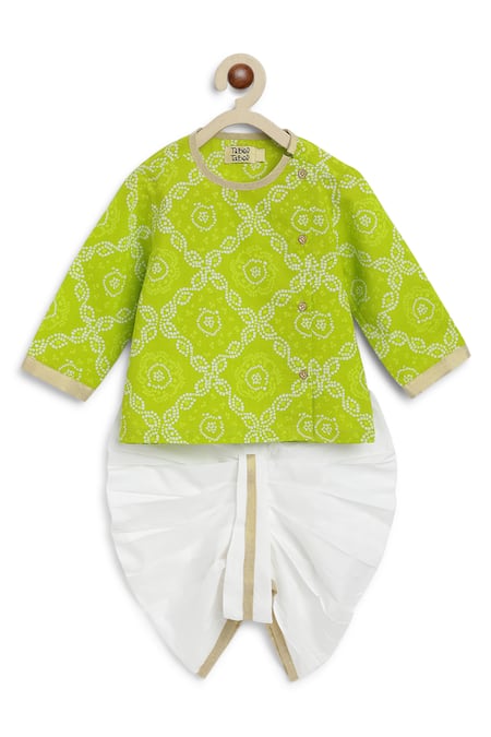 Tiber Taber Green Cotton Lace Checkered Bandhani Print Kurta Set 