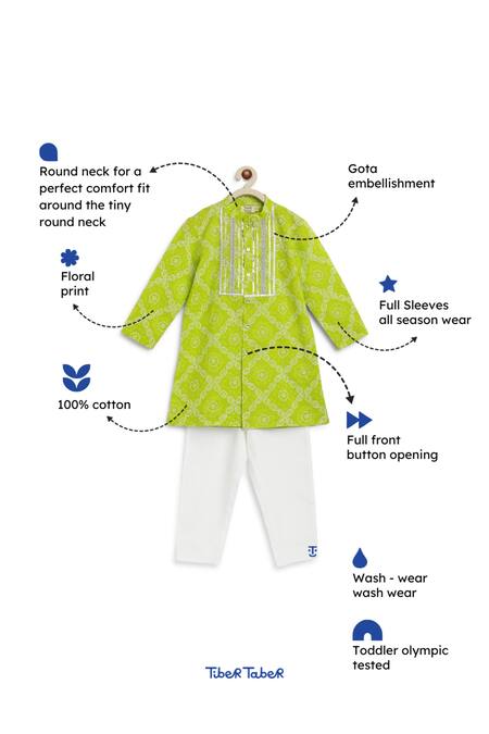 Tiber Taber_Green Cotton Gota Patti, Embroidery Bandhani Print Kurta And Pant Set _Online_at_Aza_Fashions