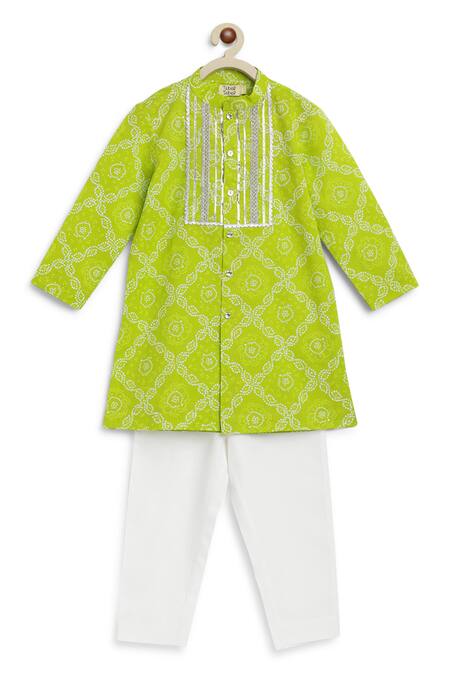 Shop_Tiber Taber_Green Cotton Gota Patti, Embroidery Bandhani Print Kurta And Pant Set _Online_at_Aza_Fashions