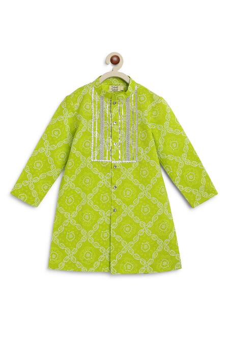 Tiber Taber_Green Cotton Gota Patti, Embroidery Bandhani Print Kurta And Pant Set _at_Aza_Fashions