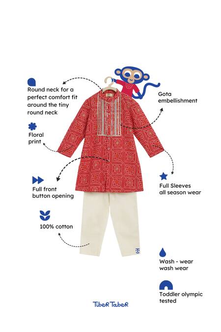 Tiber Taber_Red Cotton Gota Patti, Embroidery Bandhani Print Kurta Set _Online_at_Aza_Fashions