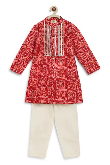 Shop_Tiber Taber_Red Cotton Gota Patti, Embroidery Bandhani Print Kurta Set _Online_at_Aza_Fashions