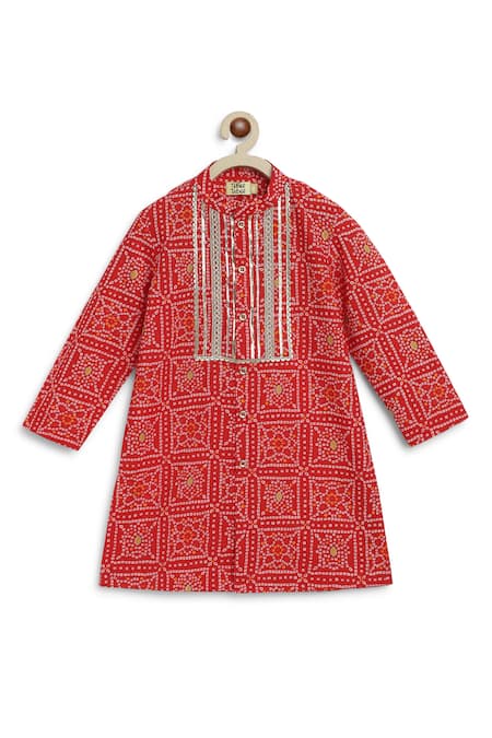 Tiber Taber_Red Cotton Gota Patti, Embroidery Bandhani Print Kurta Set _at_Aza_Fashions