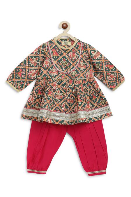 Shop_Tiber Taber_Green Cotton Lace Patola Print Peplum Kurta Set _Online_at_Aza_Fashions