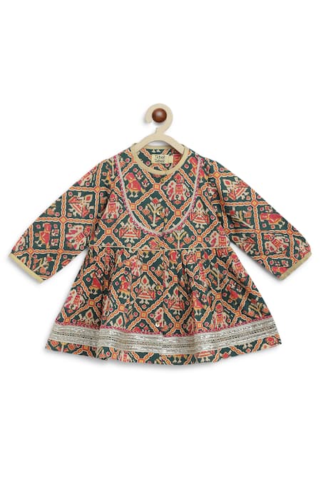 Tiber Taber_Green Cotton Lace Patola Print Peplum Kurta Set _at_Aza_Fashions