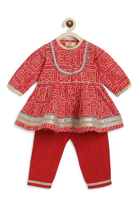 Shop_Tiber Taber_Red Cotton Lace, Piping Bandhani Print Kurta And Salwar Set _Online_at_Aza_Fashions
