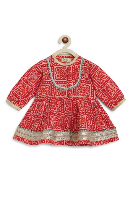 Tiber Taber_Red Cotton Lace, Piping Bandhani Print Kurta And Salwar Set _at_Aza_Fashions