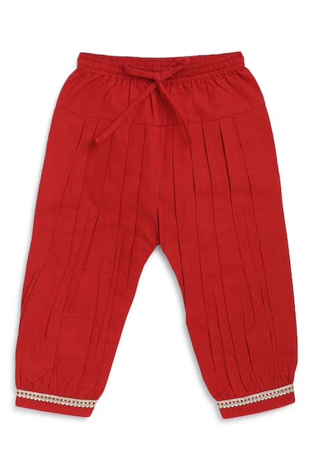 Shop_Tiber Taber_Red Cotton Lace, Piping Bandhani Print Kurta And Salwar Set 