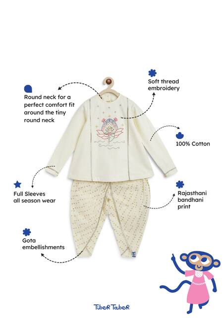 Tiber Taber_Cream Cotton Gota Patti, Embroidery, Lace Lakshmi Kurta And Dhoti Pant Set _Online_at_Aza_Fashions