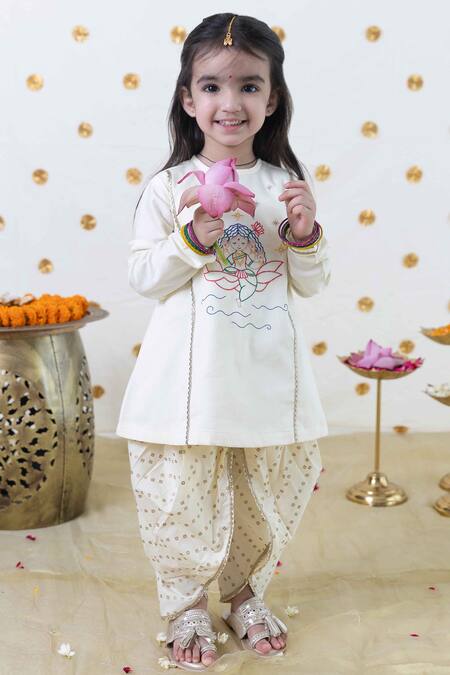 Buy_Tiber Taber_Cream Cotton Gota Patti, Embroidery, Lace Lakshmi Kurta And Dhoti Pant Set _Online_at_Aza_Fashions