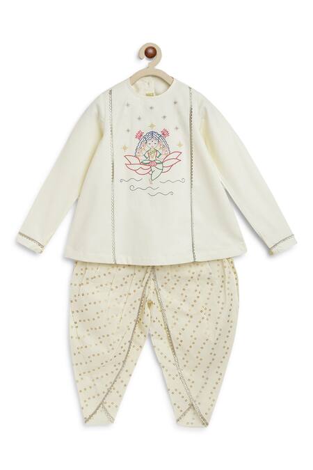 Shop_Tiber Taber_Cream Cotton Gota Patti, Embroidery, Lace Lakshmi Kurta And Dhoti Pant Set _Online_at_Aza_Fashions