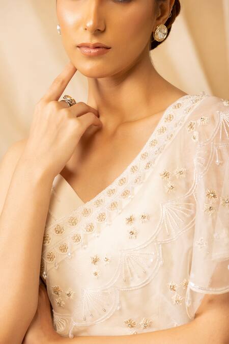 Deepika Chopra_Off White Georgette, Organza Zari, Flared Jumpsuit With Embroidered Cape_Online_at_Aza_Fashions