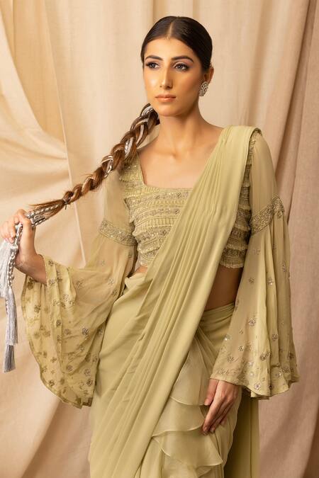 Deepika Chopra_Green Georgette, Satin Zari, Chinese Tea Pre-draped Saree With Blouse_Online_at_Aza_Fashions
