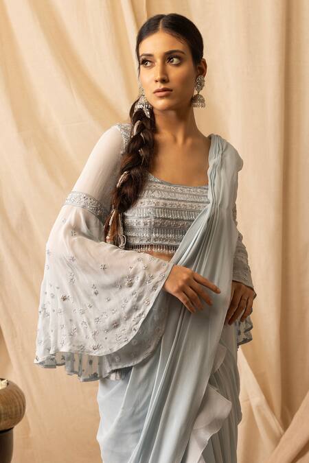 Deepika Chopra_Blue Georgette, Satin Embroidery, Light Sky Pre-draped Saree With Blouse_Online_at_Aza_Fashions