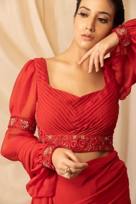 Deepika Chopra_Red Georgette, Organza, Satin Pearls, Zari, Pleated Saree Wih Embroidered Blouse_Online_at_Aza_Fashions