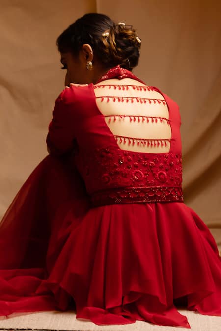 Shop_Deepika Chopra_Red Georgette, Organza Zari, Beads, Embroidery V-neck Top And Sharara Set_at_Aza_Fashions