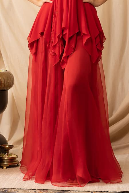 Deepika Chopra Red Georgette, Organza Zari, Beads, Embroidery V-neck Top And Sharara Set Online at Aza Fashions Deepika Chopra_Red Georgette, Organza Zari, Beads, Embroidery V-neck Top And Sharara Set_Online_at_Aza_Fashions