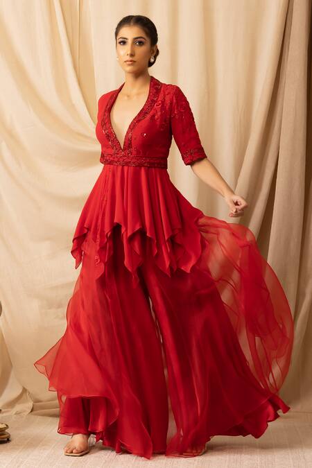 Buy_Deepika Chopra_Red Georgette, Organza Zari, Beads, Embroidery V-neck Top And Sharara Set_Online_at_Aza_Fashions