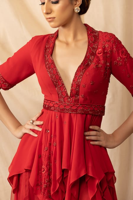 Shop_Deepika Chopra_Red Georgette, Organza Zari, Beads, Embroidery V-neck Top And Sharara Set_Online_at_Aza_Fashions