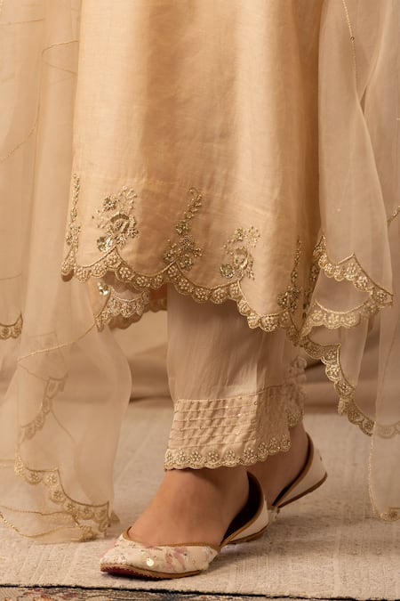 Buy_Deepika Chopra_Gold Chanderi, Silk, Satin, Organza Pearls, Desert Dreams Kurta Salwar Set_Online_at_Aza_Fashions