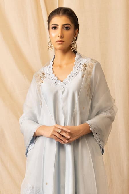 Deepika Chopra_Blue Chanderi Silk, Bamboo, Organza Zari, Embroidery Light Sky Kurta Salwar Set_Online_at_Aza_Fashions