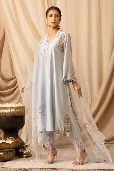 Buy_Deepika Chopra_Blue Chanderi Silk, Bamboo, Organza Zari, Embroidery Light Sky Kurta Salwar Set_Online_at_Aza_Fashions