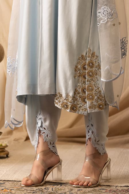 Shop_Deepika Chopra_Blue Chanderi Silk, Bamboo, Organza Zari, Embroidery Light Sky Kurta Salwar Set_Online_at_Aza_Fashions