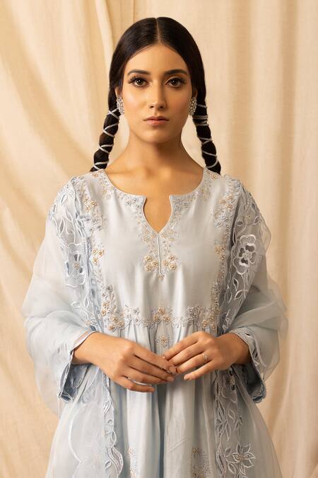 Deepika Chopra_Blue Chanderi Silk, Silk, Bamboo, Organza Zari, Light Sky Hand Kurta Salwar Set_Online_at_Aza_Fashions