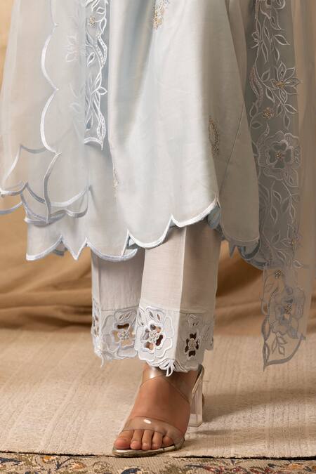 Buy_Deepika Chopra_Blue Chanderi Silk, Silk, Bamboo, Organza Zari, Light Sky Hand Kurta Salwar Set_Online_at_Aza_Fashions