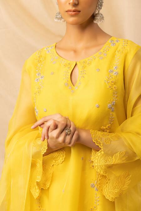Deepika Chopra_Yellow Organza, Silk, Bamboo Embroidery Round Neck Marigold Kurta Salwar Set_Online_at_Aza_Fashions