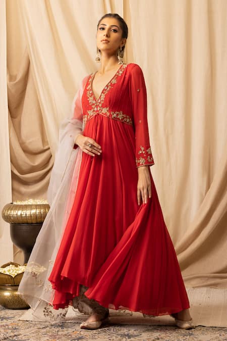 Deepika Chopra_Red Georgette, Tissue, Organza Zari, Embroidery Hand Anarkali Palazzo Set_Online_at_Aza_Fashions