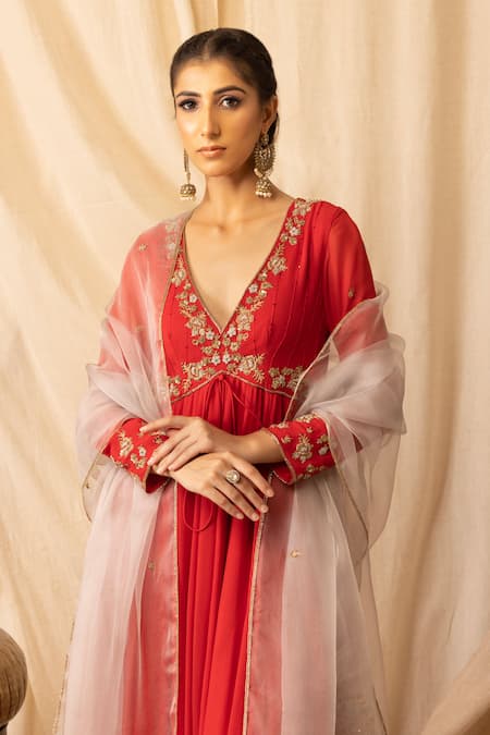 Shop_Deepika Chopra_Red Georgette, Tissue, Organza Zari, Embroidery Hand Anarkali Palazzo Set_Online_at_Aza_Fashions