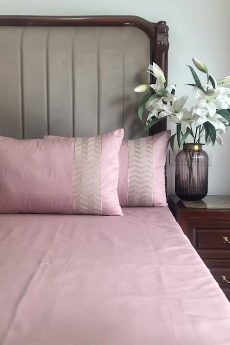 Shop Sadyaska Pink Cotton Rich Embroidered Pastel Bedsheet With Pillow Covers Set at Aza Fashions Shop_Sadyaska_Pink Cotton Rich Embroidered Pastel Bedsheet With Pillow Covers Set_at_Aza_Fashions